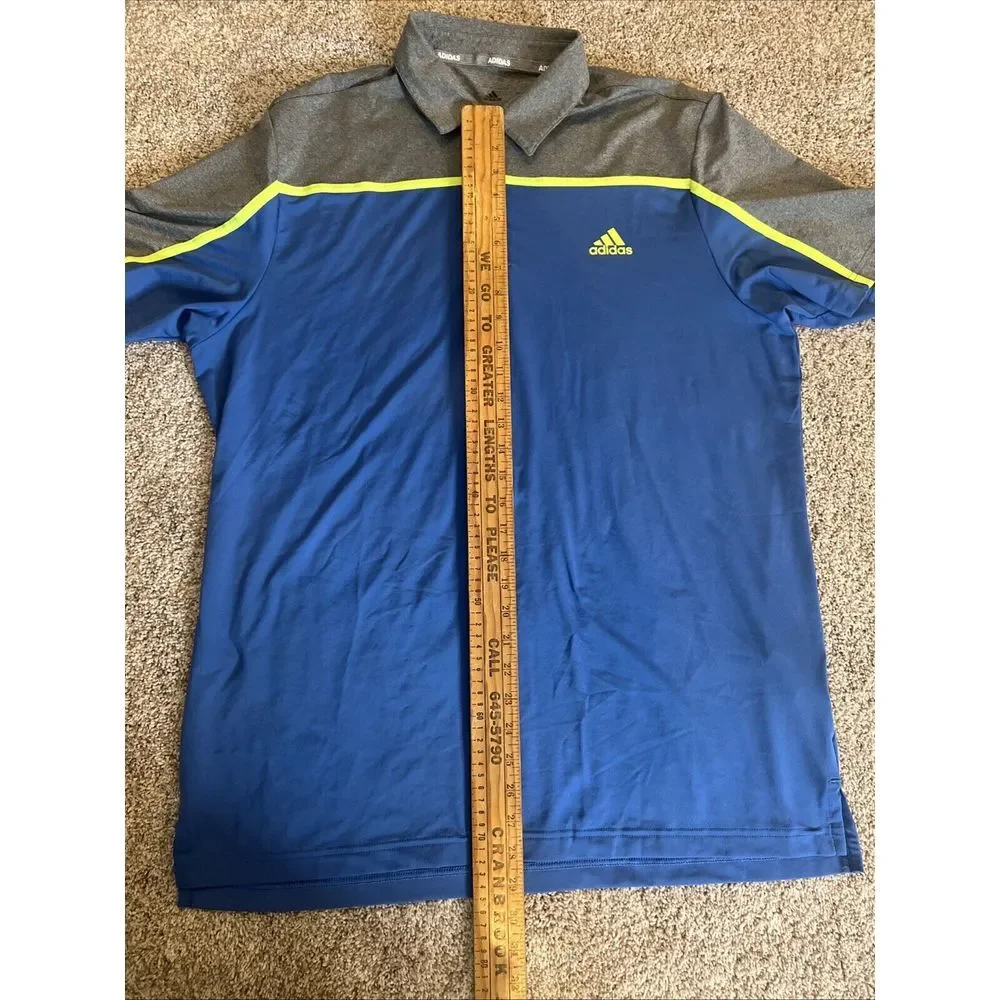 Adidas Golf Polo‎ Shirt Men's Casual Blue Gray Yellow Button Short Sleeve L